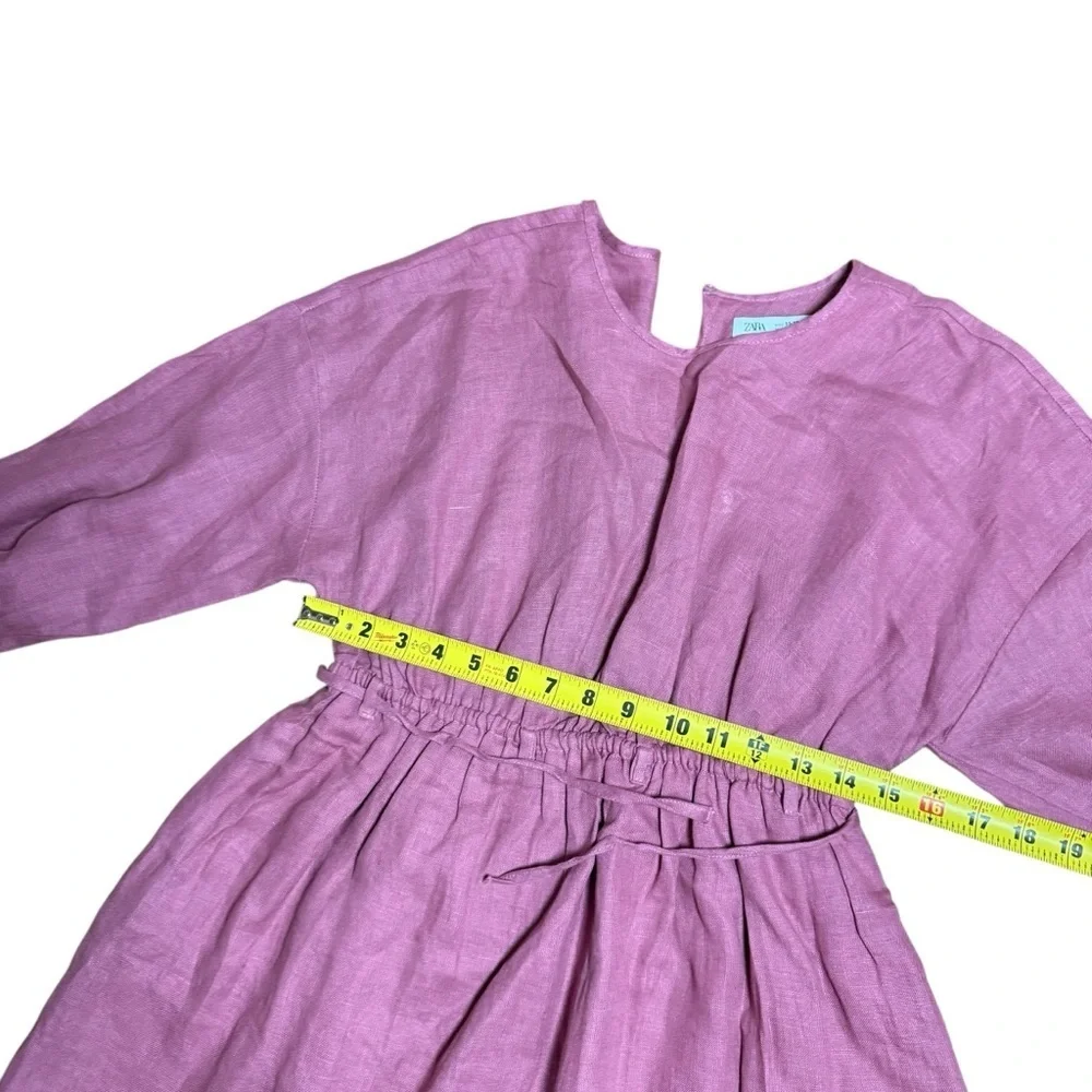 Zara Kids Girls Cut Out Belted Long Sleeve Linen Dress in Dark Pink- Size 11-12Y